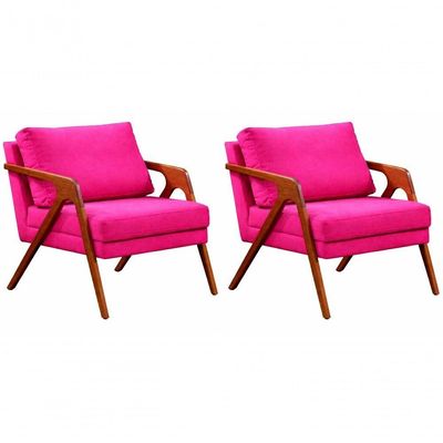 Kit 02 Poltronas Decorativa Mona Luxo Base De Madeira Maciça Sala Recepção Veludo Rosa Pink Eli Móveis E Decoração