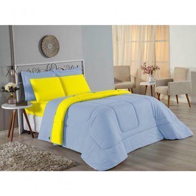 Kit Edredom Dupla Face + Jogo De Lençol King Nobre 7 Peças Malha 100% Algodão - Azul-bebê / Amarelo