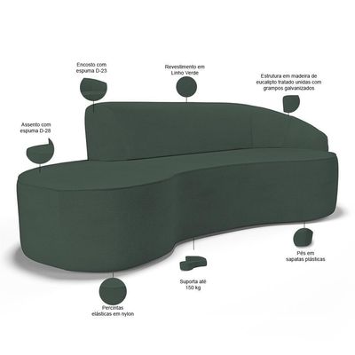 Sofá 5 Lugares Curvo Living Firenze Direito D02 Linho Verde Musgo 300cm C-117 - Lyam
