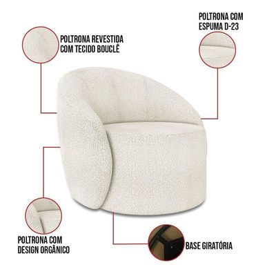 Sofá 3 Lugares Orgânico 180cm Morgan E 2 Poltronas Lua Bouclê Off White D03 - D'rossi