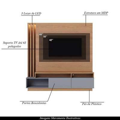 Estante Home Sala de Estar 180cm Filipina Led Freijó/Cinza G73 - Gran Belo