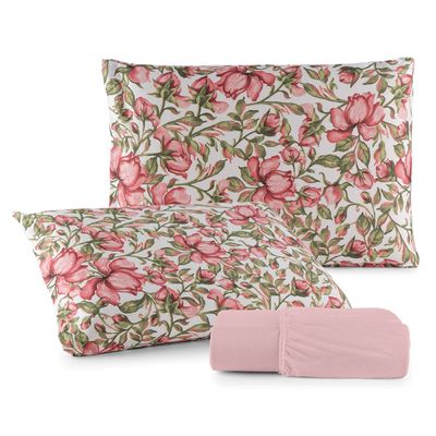 Jogo de Lençol Luar Casal 3 Peças Malha 100% Algodão Estampado - Rose Floral