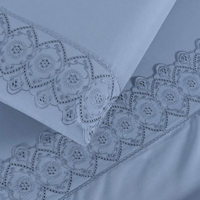 Jogo Cama Lençol Bouclê Solteiro Micro Percal 200 Fios c/ Laise Bordada 3 Peças - Azul Ice Blue