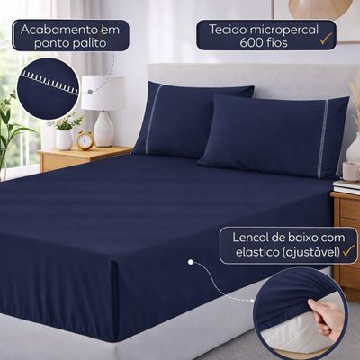 Jogo de Lençol King Premium Soft 600 Fios Micropercal Azul Marinho Ponto Palito Toque Macio 3 Peças