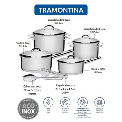 Jogo De Panelas Aço Inox Solar 4 Peças Colher E Pegador Tramontina