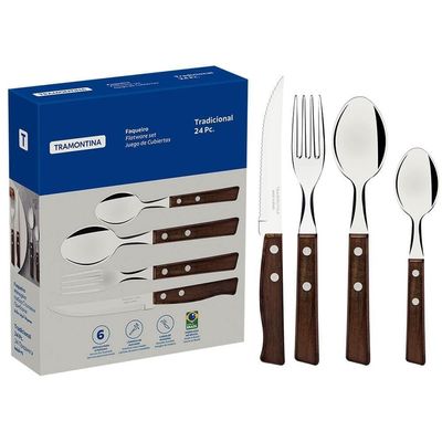 Conjunto 2 Faqueiros Tramontina Tradicional Com Lâminas Em Aço Inox E Cabos De Madeira Natural