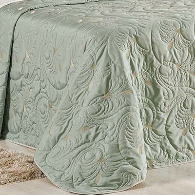 Kit Cobre Leito Colcha Diamante King 5 Peças Bordado Floral Dupla Face 180 Fios - Verde