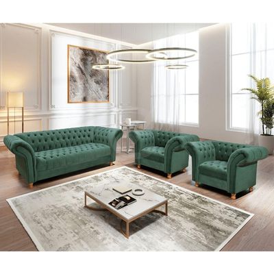 Kit Sofá 02 Poltronas Chesterfield Conde D'El Via Veludo Verde