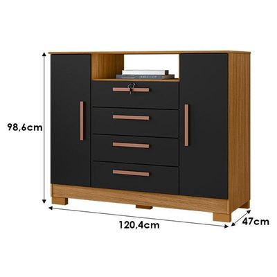 Cômoda Madri 4 Gavetas 2 Portas Carvalho Americano Preto - Incorplac