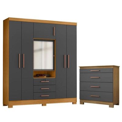 Cômoda 4 Gavetas New E Guarda Roupa Casal Imperial Carvalho Americano Grafite- Incorplac