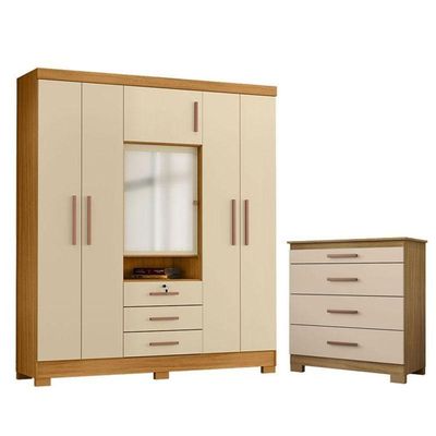 Cômoda 4 Gavetas New E Guarda Roupa Casal Imperial Carvalho Americano Off White - Incorplac
