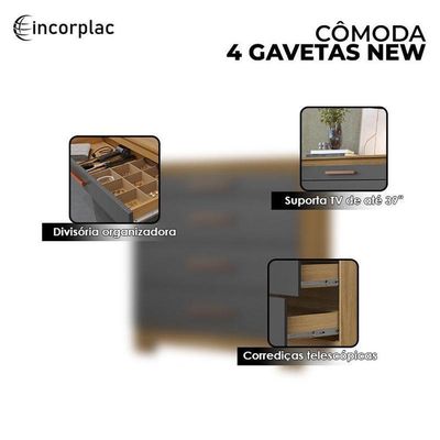 Cômoda 4 Gavetas New E Guarda Roupa Casal Londres Carvalho Americano Grafite- Incorplac
