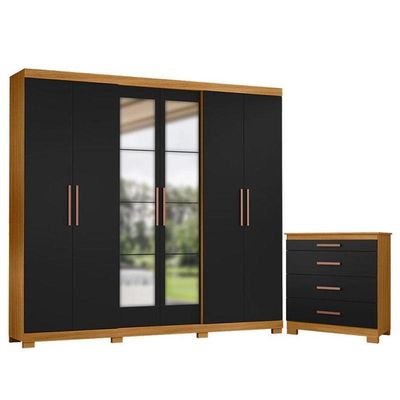Cômoda 4 Gavetas New E Guarda Roupa Casal San Diego Com Espelho Carvalho Americano Preto - Incorplac