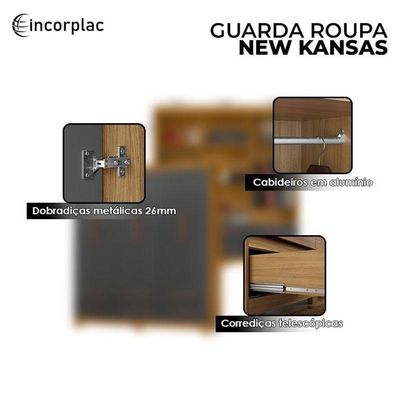 Cômoda 4 Gavetas New E Guarda Roupa Casal New Kansas Carvalho Americano Grafite- Incorplac