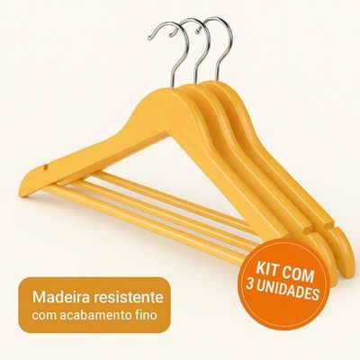 Kit 3 Unidades Cabides De Madeira Com Verniz