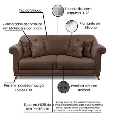 Sofá 2 Lugares 1,60m Veludo Pés Castanho Marrom