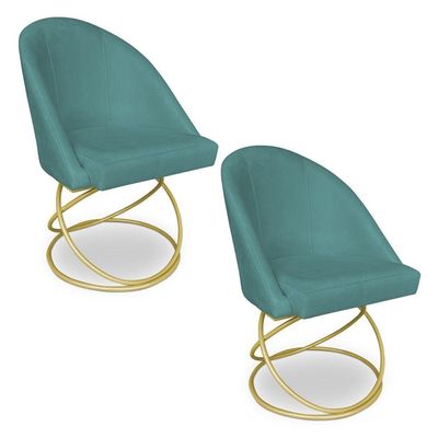 Kit 02 Cadeiras Poltrona De Jantar Bela Suede Azul Turquesa Base Metálica Luxo Dourado - Pallazio
