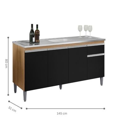 Balcão De Cozinha 3 Portas Oxford Amendoa Preto