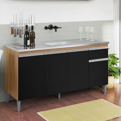 Balcão De Cozinha 3 Portas Oxford Amendoa Preto