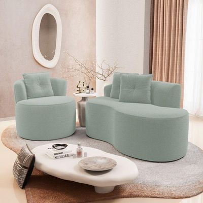 Kit Sofá E 02 Poltronas Orgânicas Living Bob Com Almofadas Bouclê Verde Menta - Desk Design