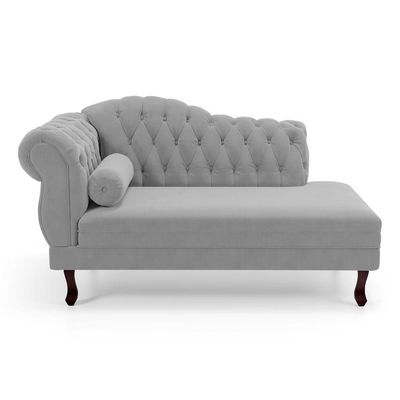 Divã Recamier Lavínia Clássico 120cm Capitonê Com Pés De Madeira Veludo Cinza Claro - Desk Design