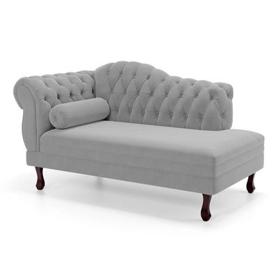 Divã Recamier Lavínia Clássico 120cm Capitonê Com Pés De Madeira Veludo Cinza Claro - Desk Design