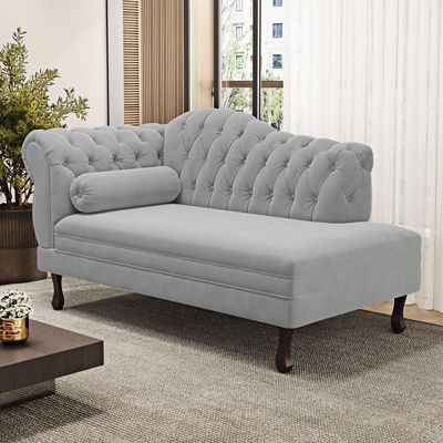 Divã Recamier Lavínia Clássico 120cm Capitonê Com Pés De Madeira Veludo Cinza Claro - Desk Design