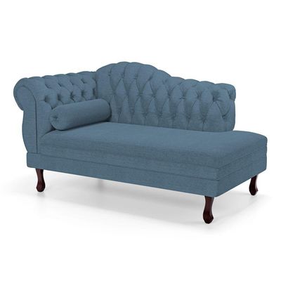 Divã Recamier Chaise Longue Lavínia 150cm Capitonê Pés De Madeira Linho Azul - Desk Design
