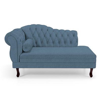 Divã Recamier Chaise Longue Lavínia 150cm Capitonê Pés De Madeira Linho Azul - Desk Design
