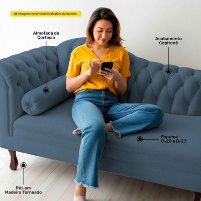 Divã Recamier Chaise Longue Lavínia 150cm Capitonê Pés De Madeira Linho Azul - Desk Design