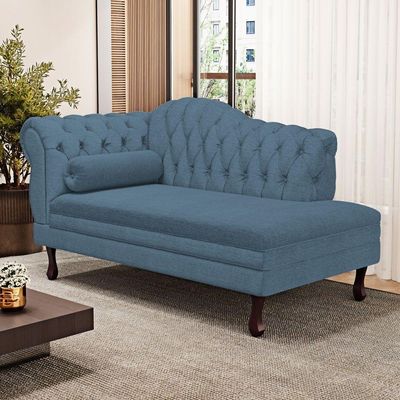 Divã Recamier Chaise Longue Lavínia 150cm Capitonê Pés De Madeira Linho Azul - Desk Design