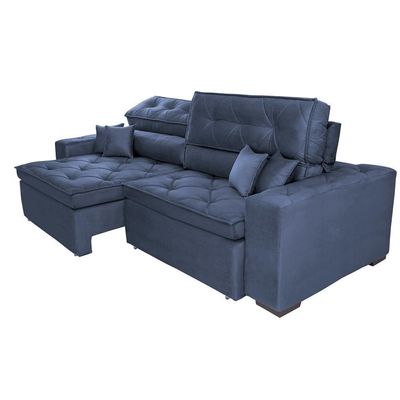 Sofá Austin 2,82m Retrátil, Reclinável Com Molas No Assento E Almofadas, Suede Azul Cama Inbox