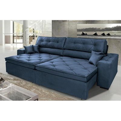 Sofá Austin 2,82m Retrátil, Reclinável Com Molas No Assento E Almofadas, Suede Azul Cama Inbox