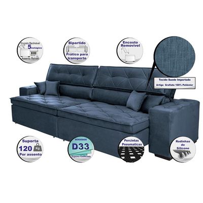 Sofá Austin 2,82m Retrátil, Reclinável Com Molas No Assento E Almofadas, Suede Azul Cama Inbox