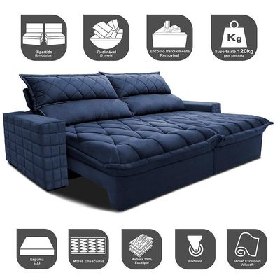 Sofá Retrátil E Reclinável 2,55m Molas Ensacadas Cama Inbox Elegance Com Thermogel Velusoft Azul