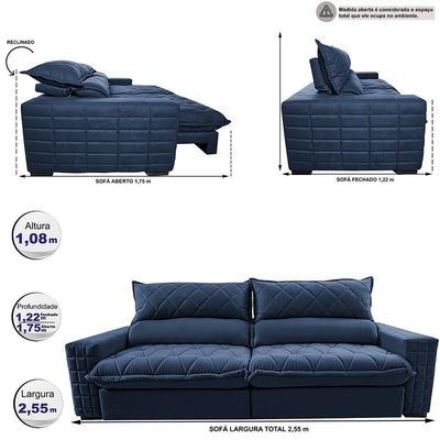 Sofá Retrátil E Reclinável 2,55m Molas Ensacadas Cama Inbox Elegance Com Thermogel Velusoft Azul