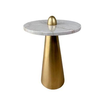 Mesa De Apoio Cone Duna 61cm Tampo 50cm Base Dourada E Tampo Marmore Travertino