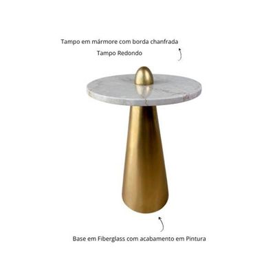 Mesa De Apoio Cone Duna 61cm Tampo 50cm Base Dourada E Tampo Marmore Travertino