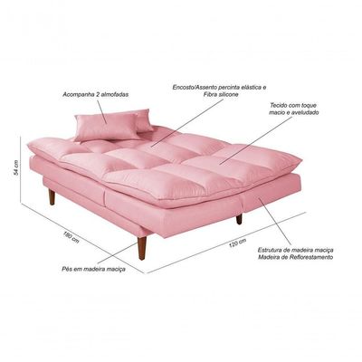 Sofá Cama Vancouver 3 Lugares Império Reclinável Casal Pés Madeira Suede Rosa 200
