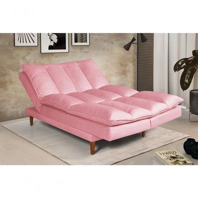 Sofá Cama Vancouver 3 Lugares Império Reclinável Casal Pés Madeira Suede Rosa 200
