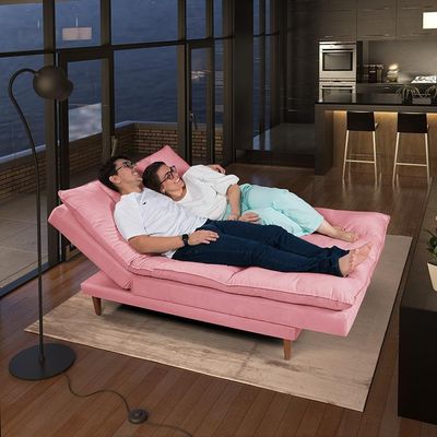 Sofá Cama Vancouver 3 Lugares Império Reclinável Casal Pés Madeira Suede Rosa 200