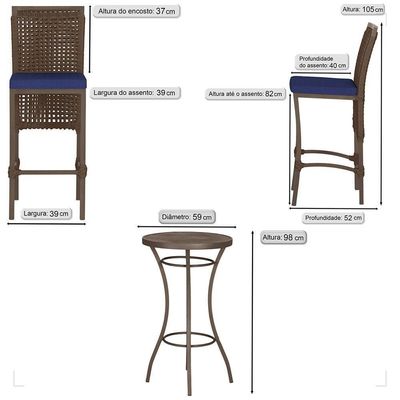 Mesa Bistrô 2 Banquetas Roma Marrom Corda Estofado 10 Trama Marrom