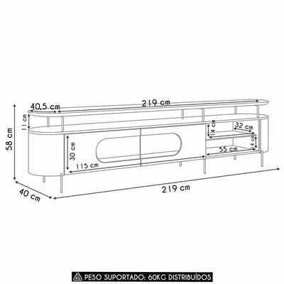 Rack Tv 85 Pol 220cm 2 Portas Com Led ária Off/castanho - Hb Móveis