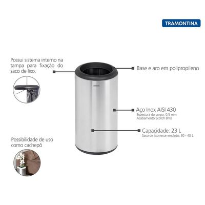 Lixeira Inox Tramontina Cápsula com Acabamento Scotch Brite e Aro e Base em Polipropileno 23 L