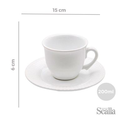 Xícara De Chá Com Pires De Cerâmica Frisada 200ml Branca Scalla