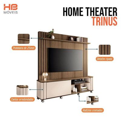 Estante Home Theater Trinus Castanho Off White Com Mesa De Centro Liz Off White- Hb Móveis