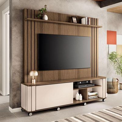 Estante Home Theater Trinus Castanho Off White Com Mesa De Centro Liz Off White- Hb Móveis