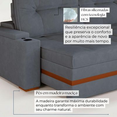 Sofá Retrátil Reclinável 4 Lugares Mônaco 2,16m Veludo Cinza