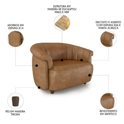 Sofá 2 Lugares 150cm E Poltrona Lykan Sintético Caramelo Z32 - Mpozenato