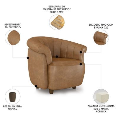 Sofá 2 Lugares 150cm E Poltrona Lykan Sintético Caramelo Z32 - Mpozenato